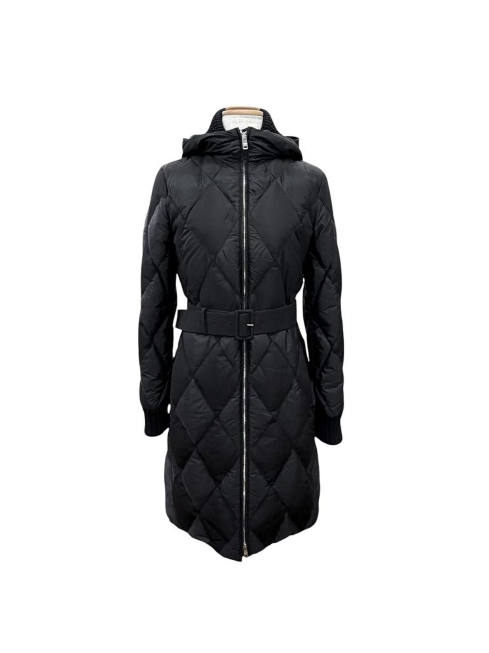 Prada 774 Nylon Silk Belted Diamond Quilted Zip Up Down Coat Black 38